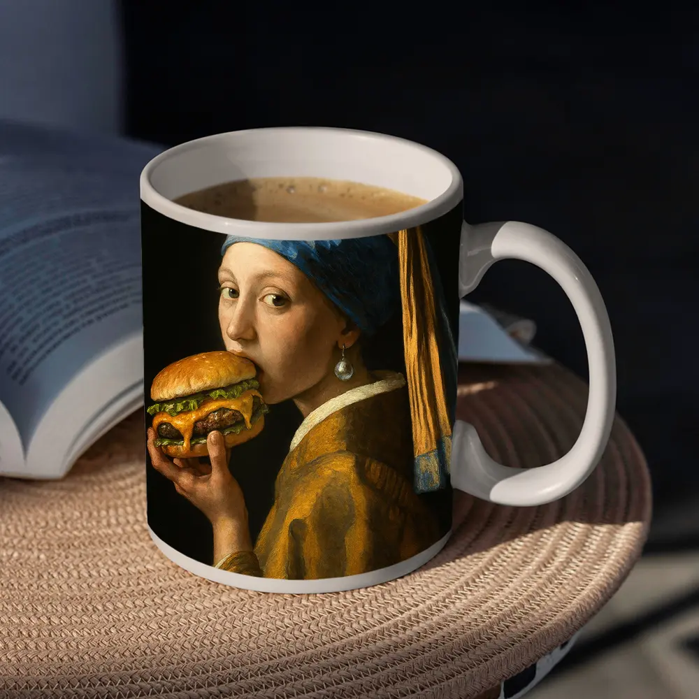 Girl With Pearl Earring Eating Burger – Mugs