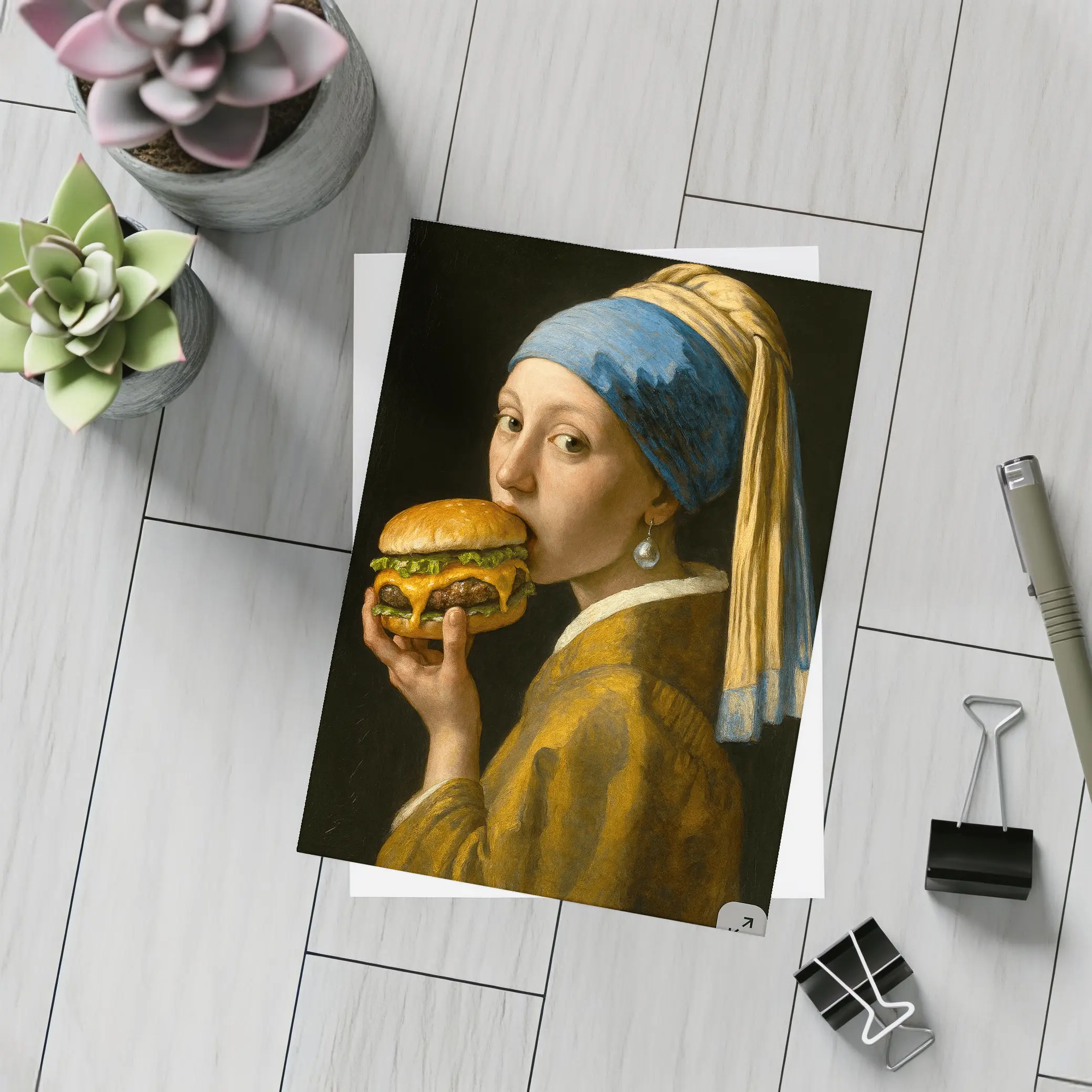 Girl With Pearl Earring Eating Burger – Postcards