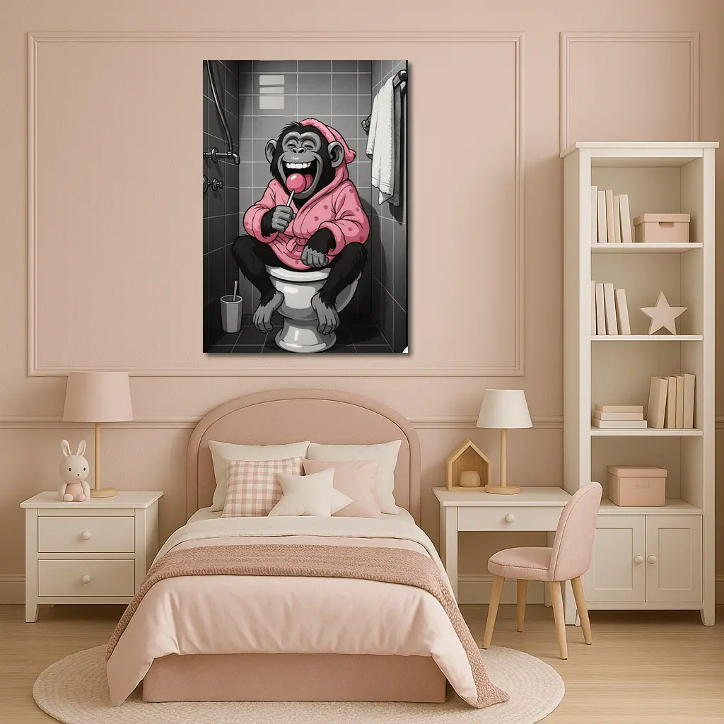 Laughing Monkey Pink Hoodie Bathroom Cartoon – Wall Art