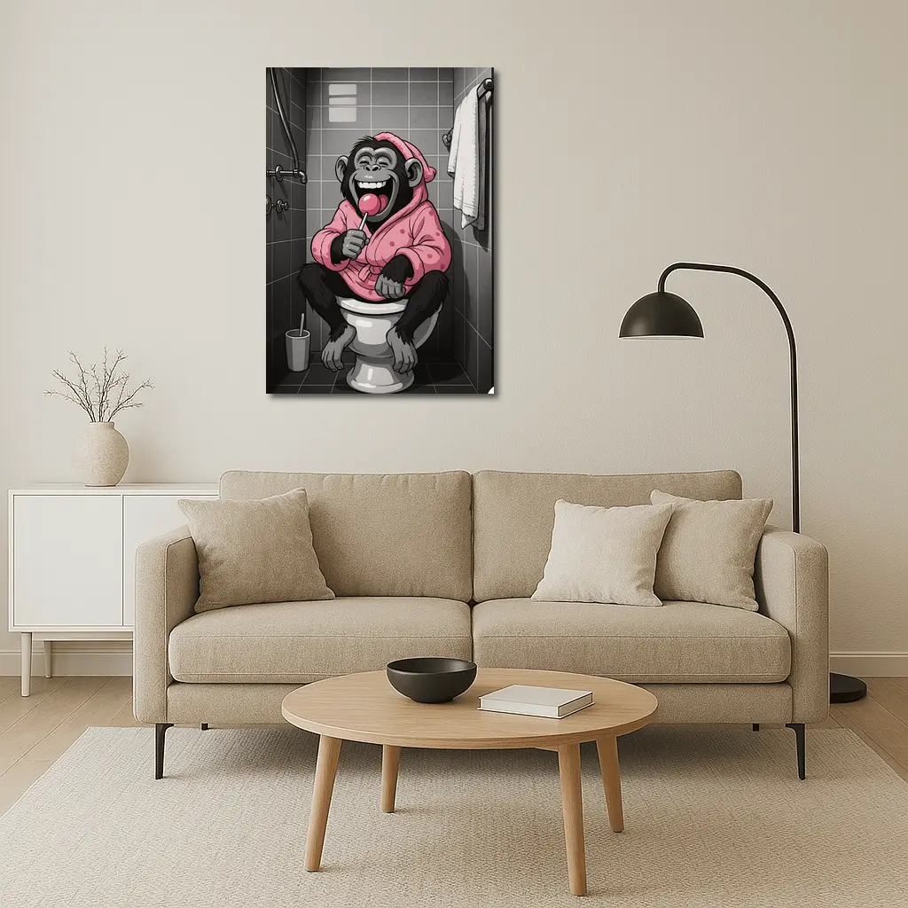 Laughing Monkey Pink Hoodie Bathroom Cartoon – Wall Art