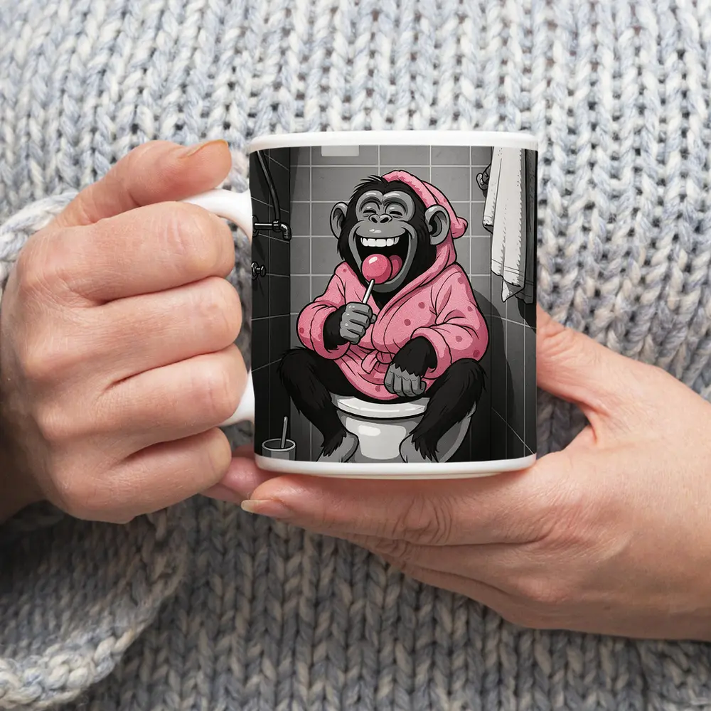Laughing Monkey Pink Hoodie Bathroom Cartoon – Mugs