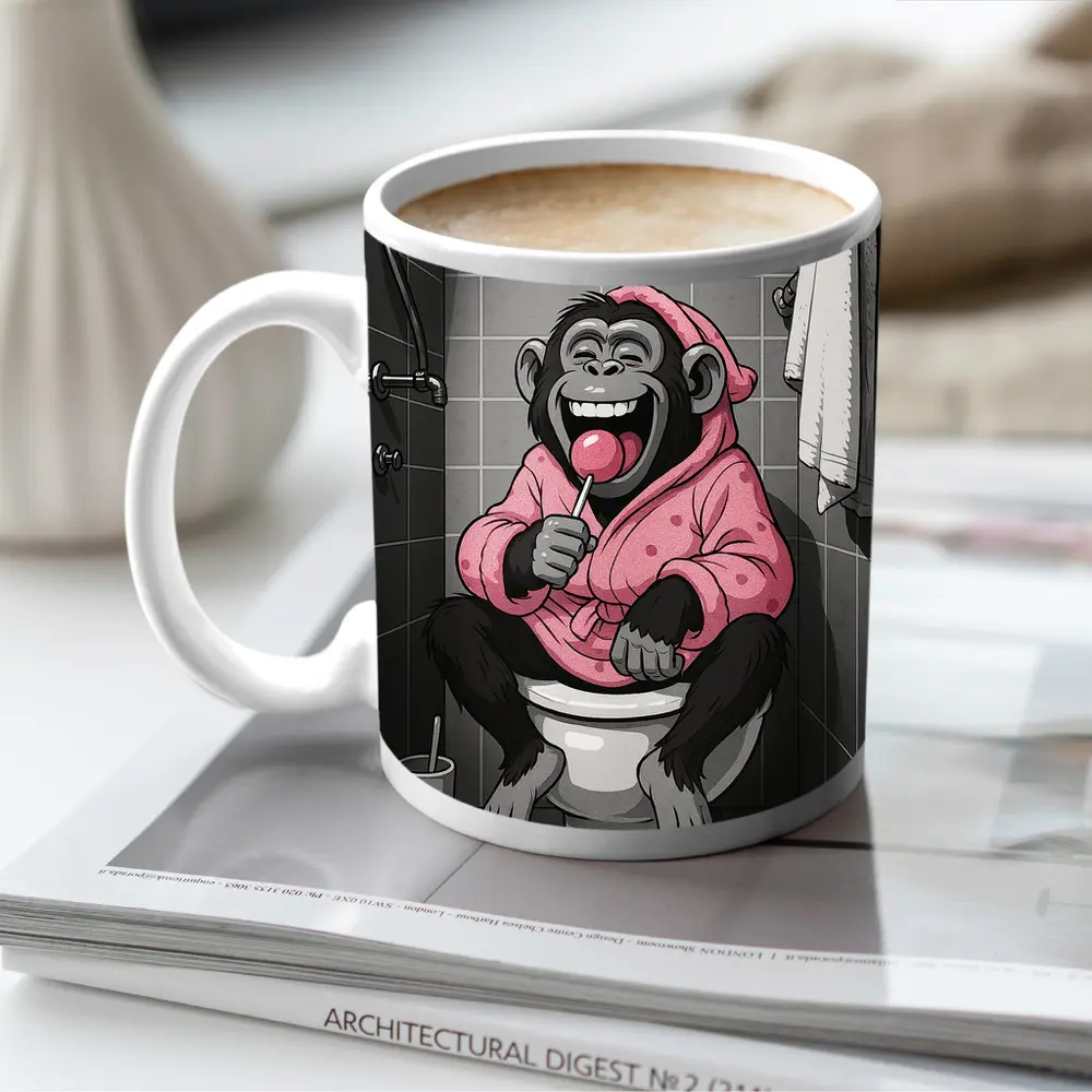 Laughing Monkey Pink Hoodie Bathroom Cartoon – Mugs