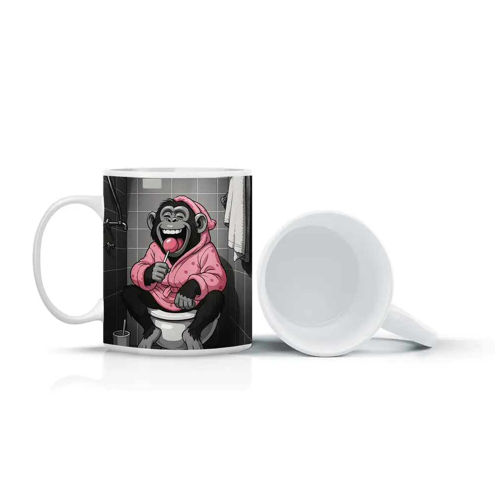 Laughing Monkey Pink Hoodie Bathroom Cartoon – Mugs