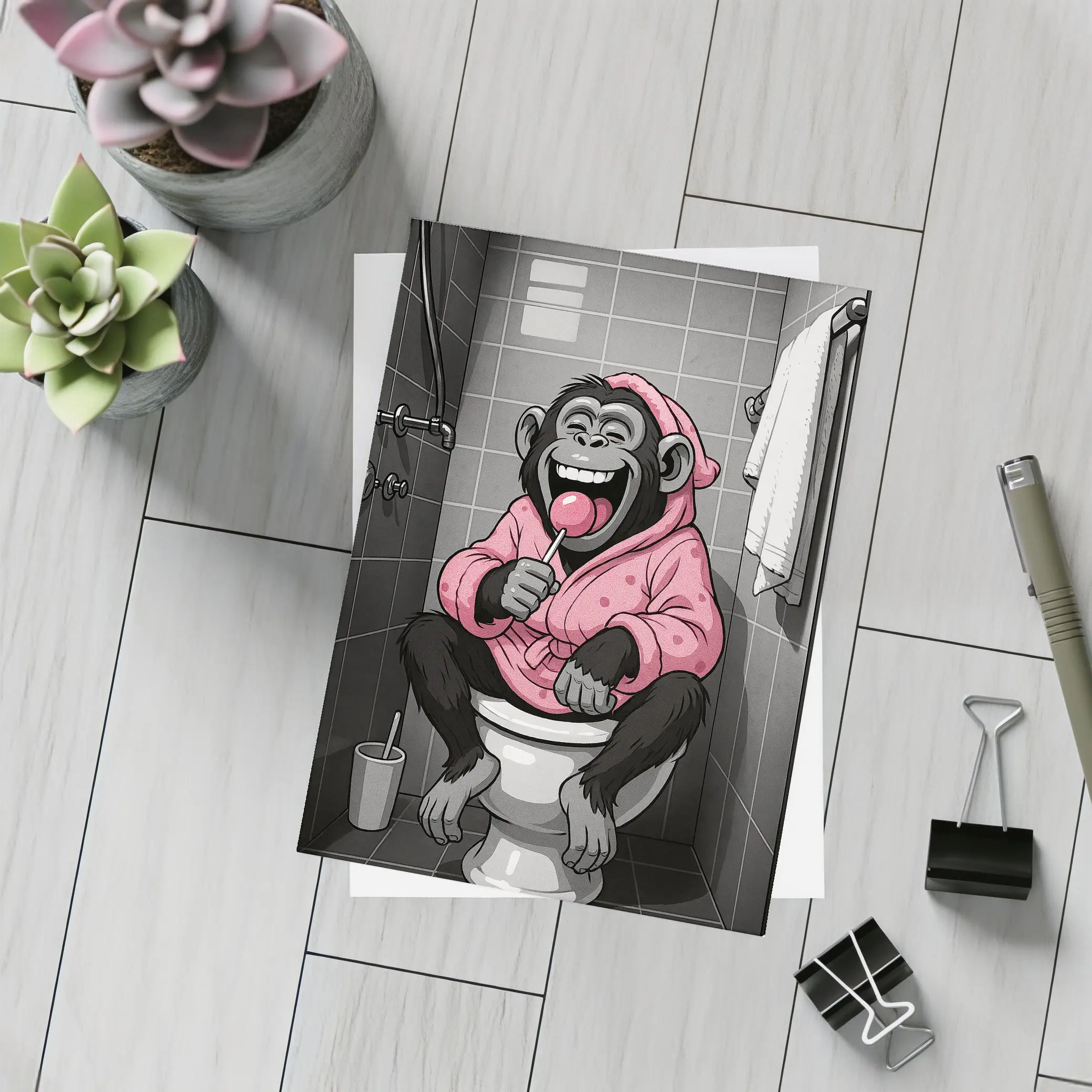 Laughing Monkey Pink Hoodie Bathroom Cartoon – Postcards