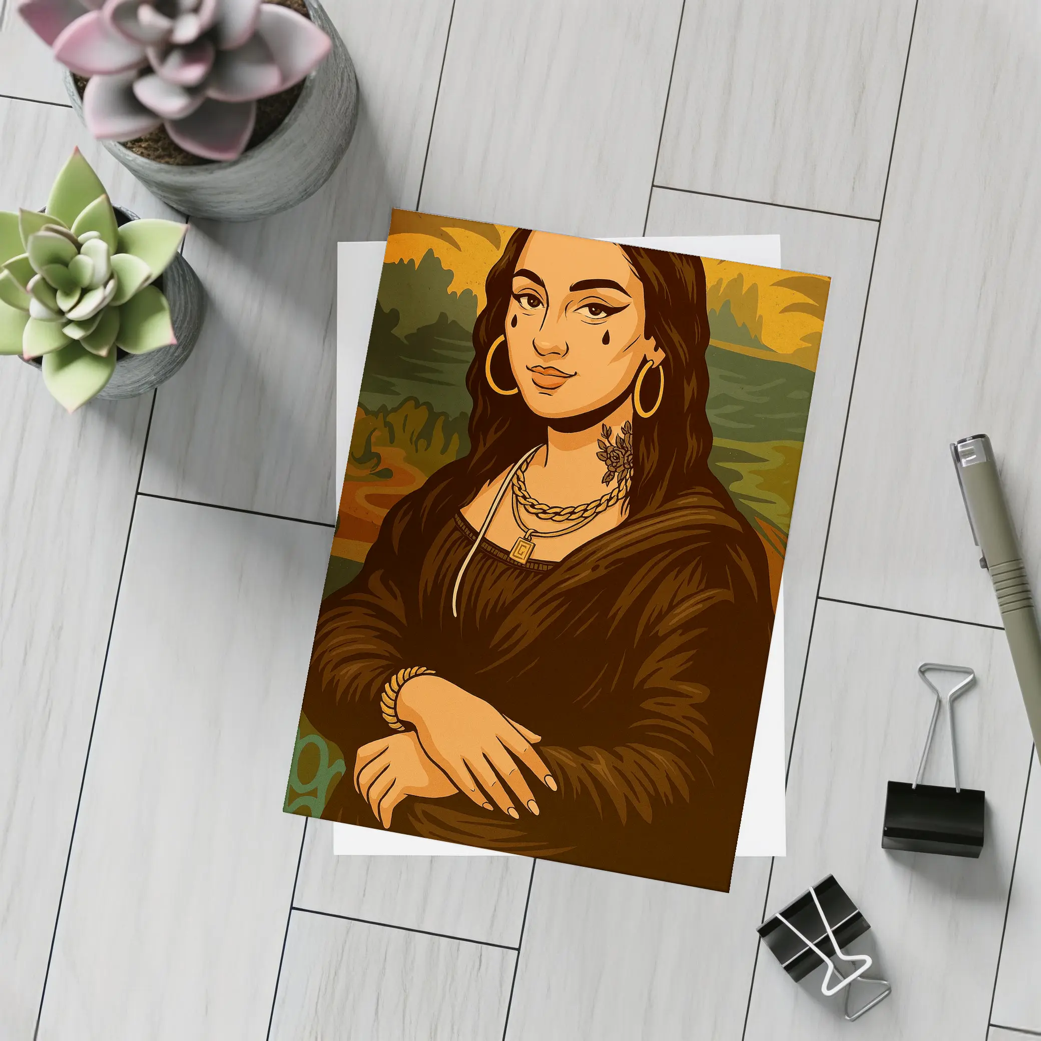 Mona Lisa Urban Streetwear Gold Jewelry Illustration – Postcards