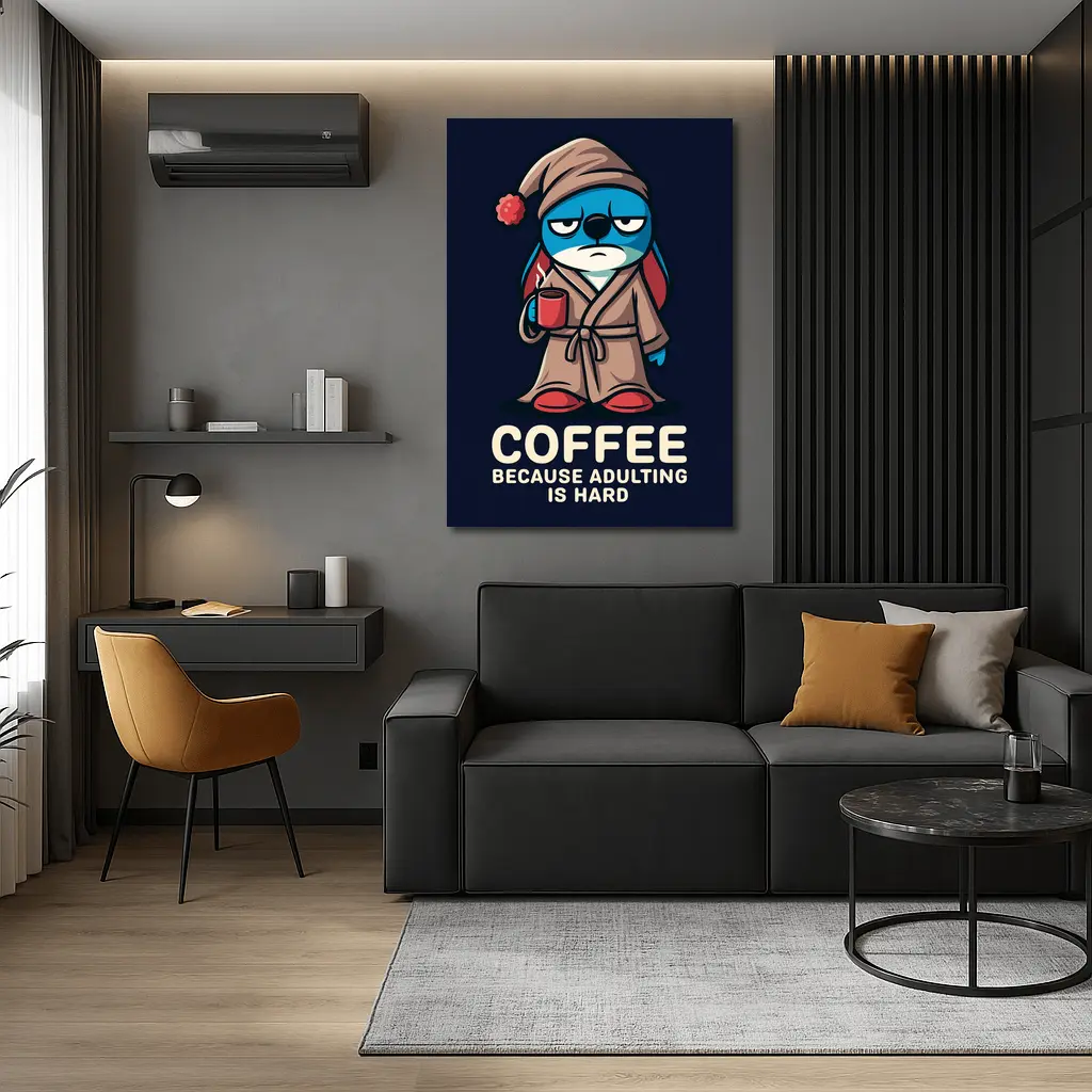 Grumpy Cartoon Penguin Coffee Because Adulting Hard – Wall Art