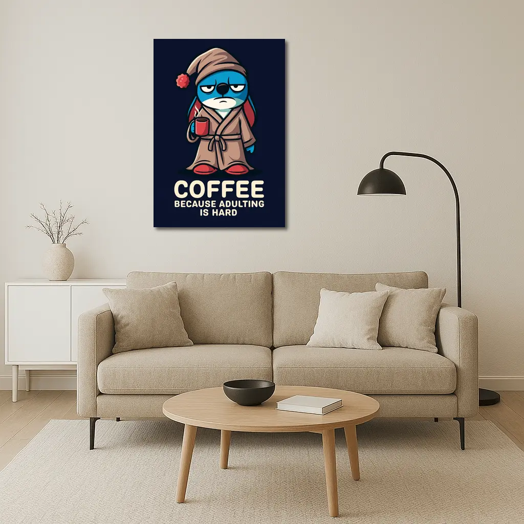 Grumpy Cartoon Penguin Coffee Because Adulting Hard – Wall Art