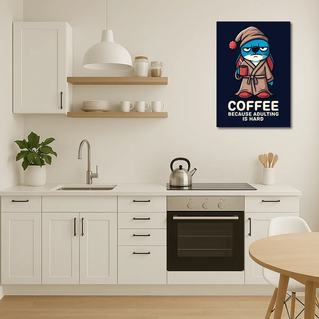 Grumpy Cartoon Penguin Coffee Because Adulting Hard – Wall Art