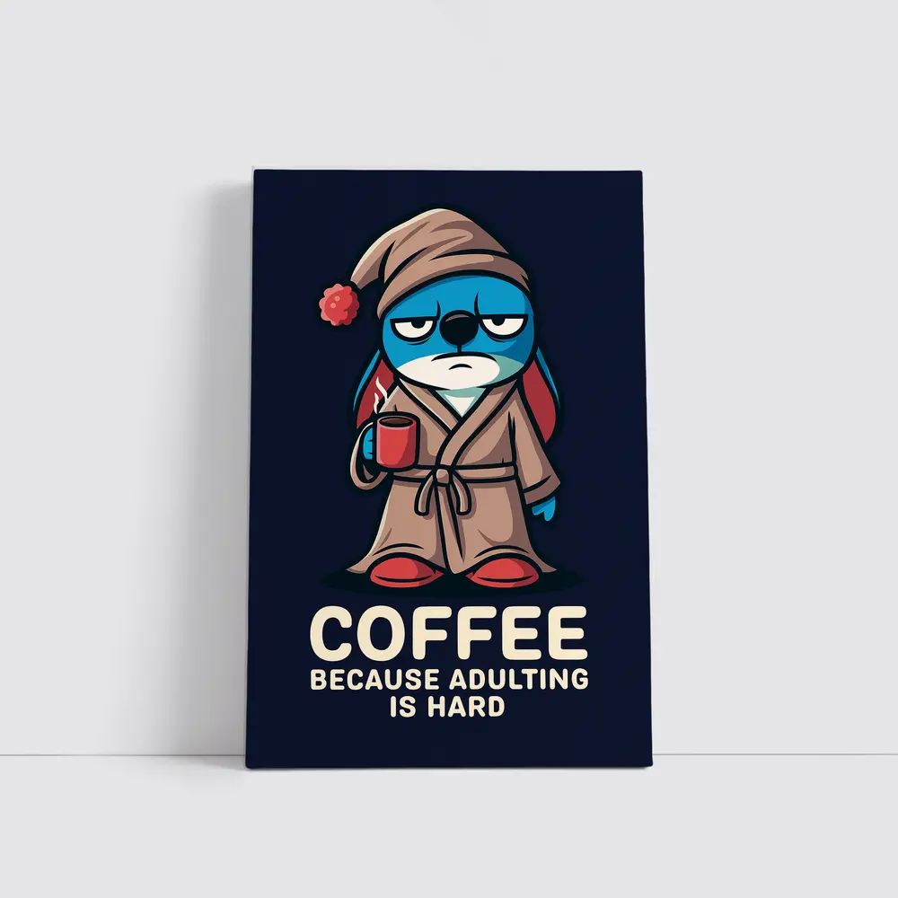 Grumpy Cartoon Penguin Coffee Because Adulting Hard – Wall Art