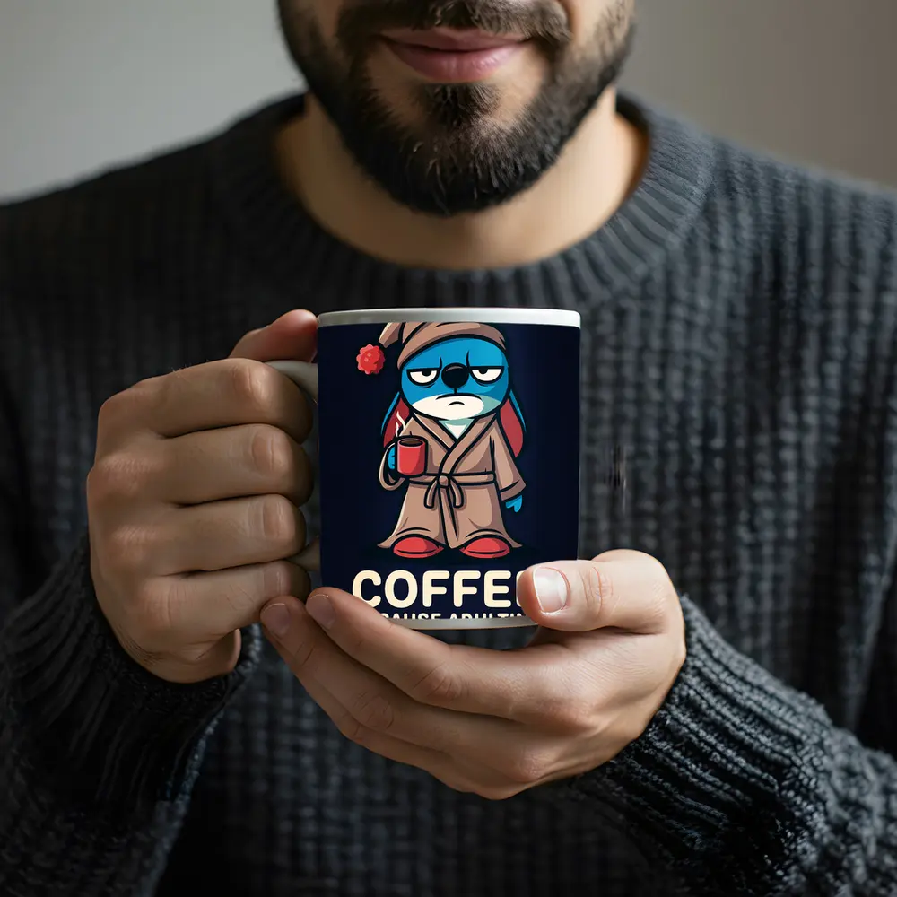Grumpy Cartoon Penguin Coffee Because Adulting Hard – Mugs