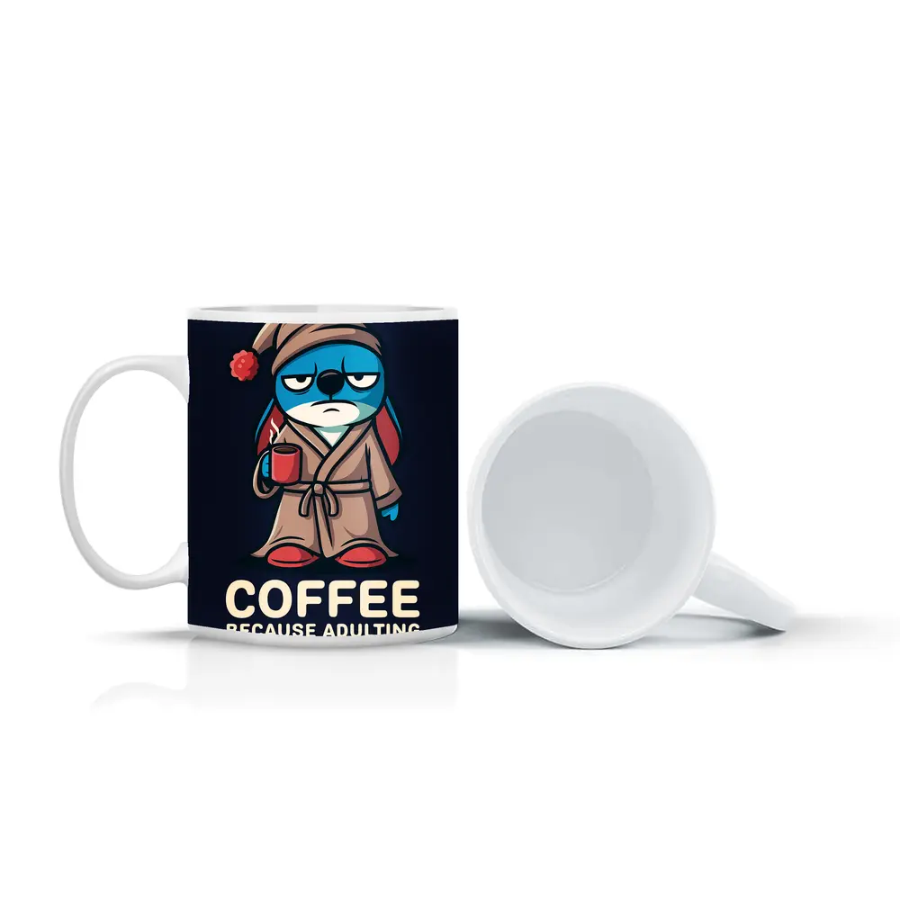 Grumpy Cartoon Penguin Coffee Because Adulting Hard – Mugs