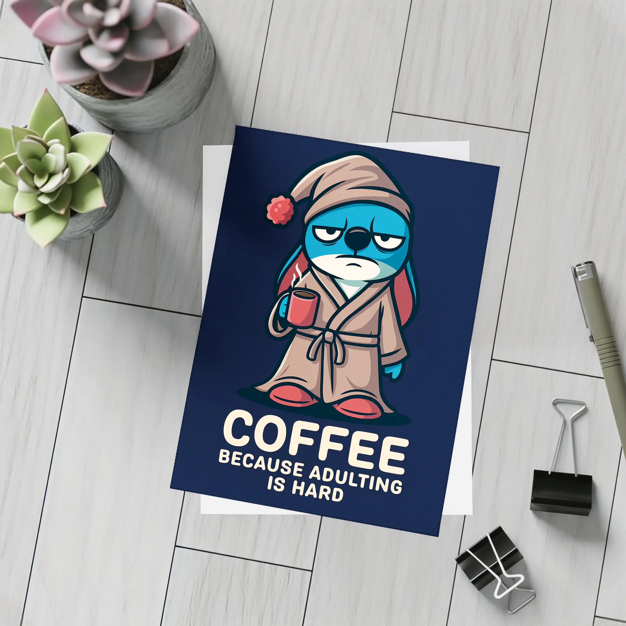 Grumpy Cartoon Penguin Coffee Because Adulting Hard – Postcards