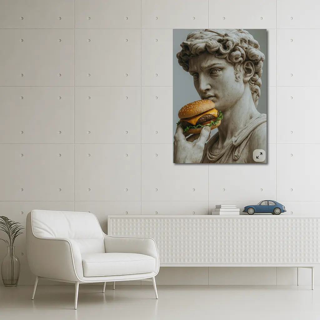 Greek Marble Statue Eating Cheeseburger Art – Wall Art