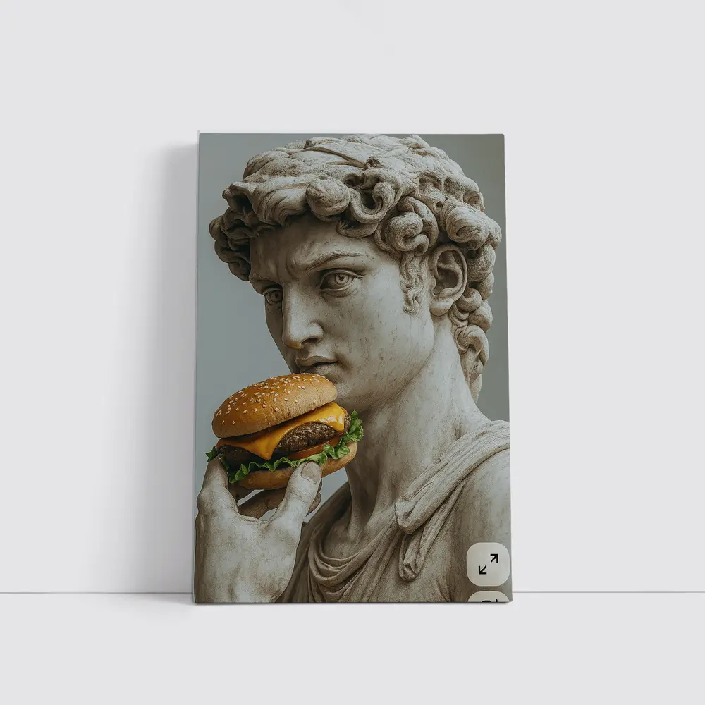 Greek Marble Statue Eating Cheeseburger Art – Wall Art