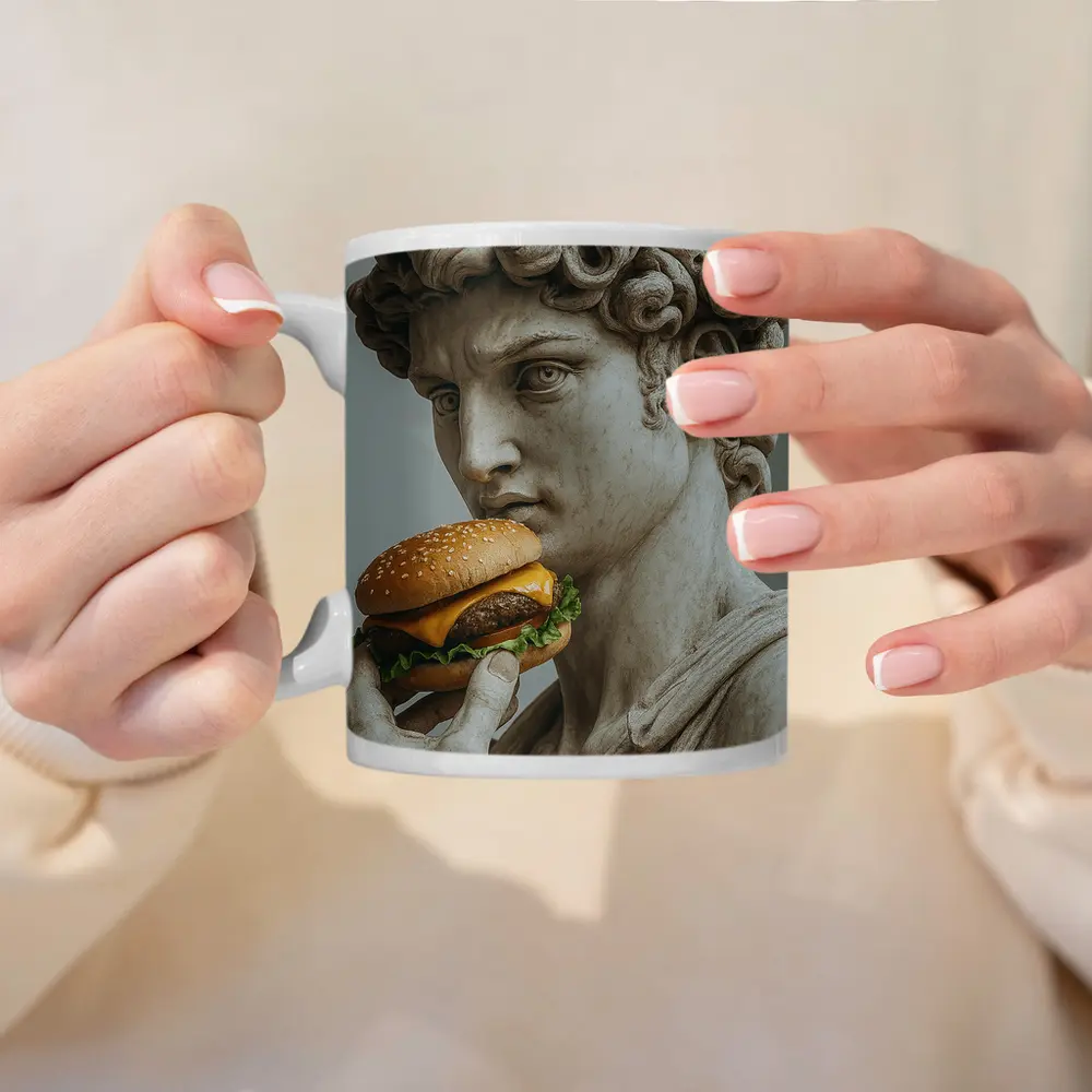 Greek Marble Statue Eating Cheeseburger Art – Mugs