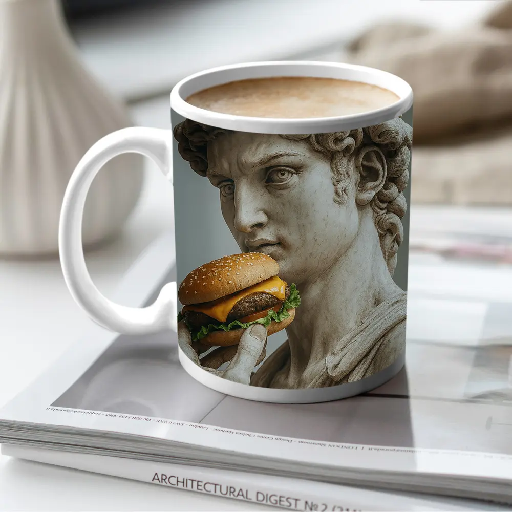 Greek Marble Statue Eating Cheeseburger Art – Mugs
