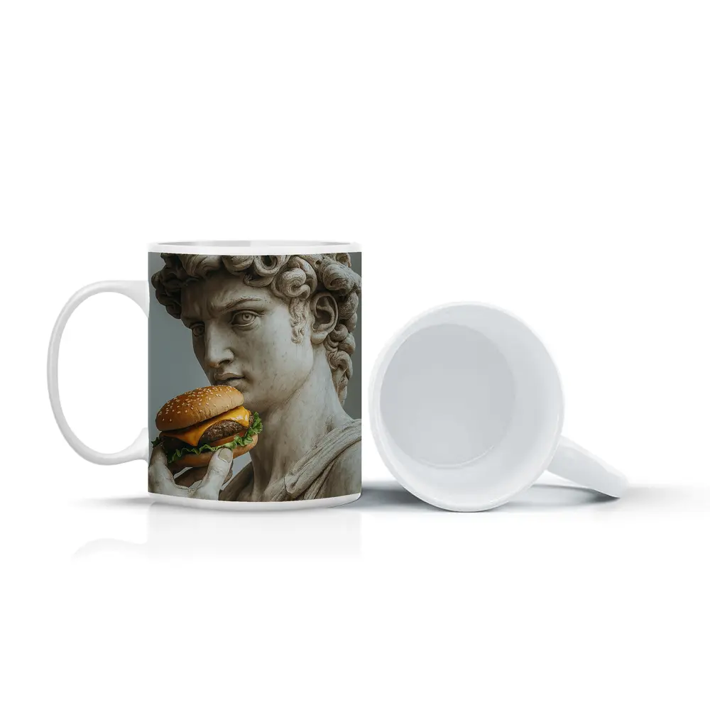 Greek Marble Statue Eating Cheeseburger Art – Mugs