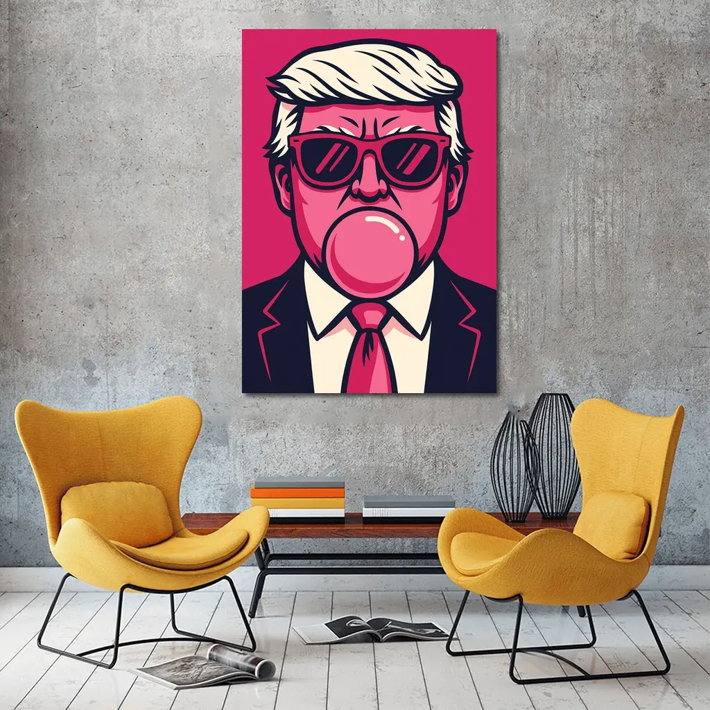 Pop Art Political Figure Blowing Bubblegum Pink – Wall Art