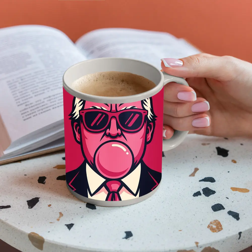 Pop Art Political Figure Blowing Bubblegum Pink – Mugs