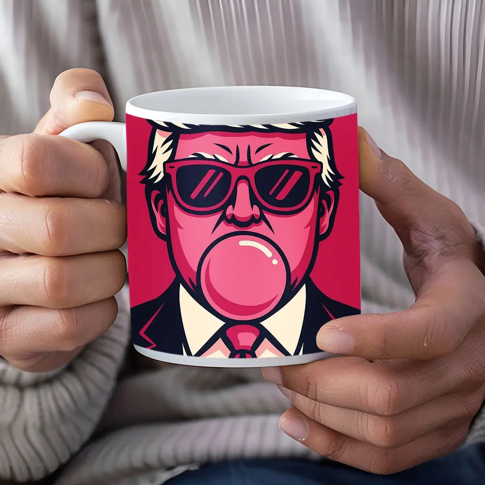 Pop Art Political Figure Blowing Bubblegum Pink – Mugs