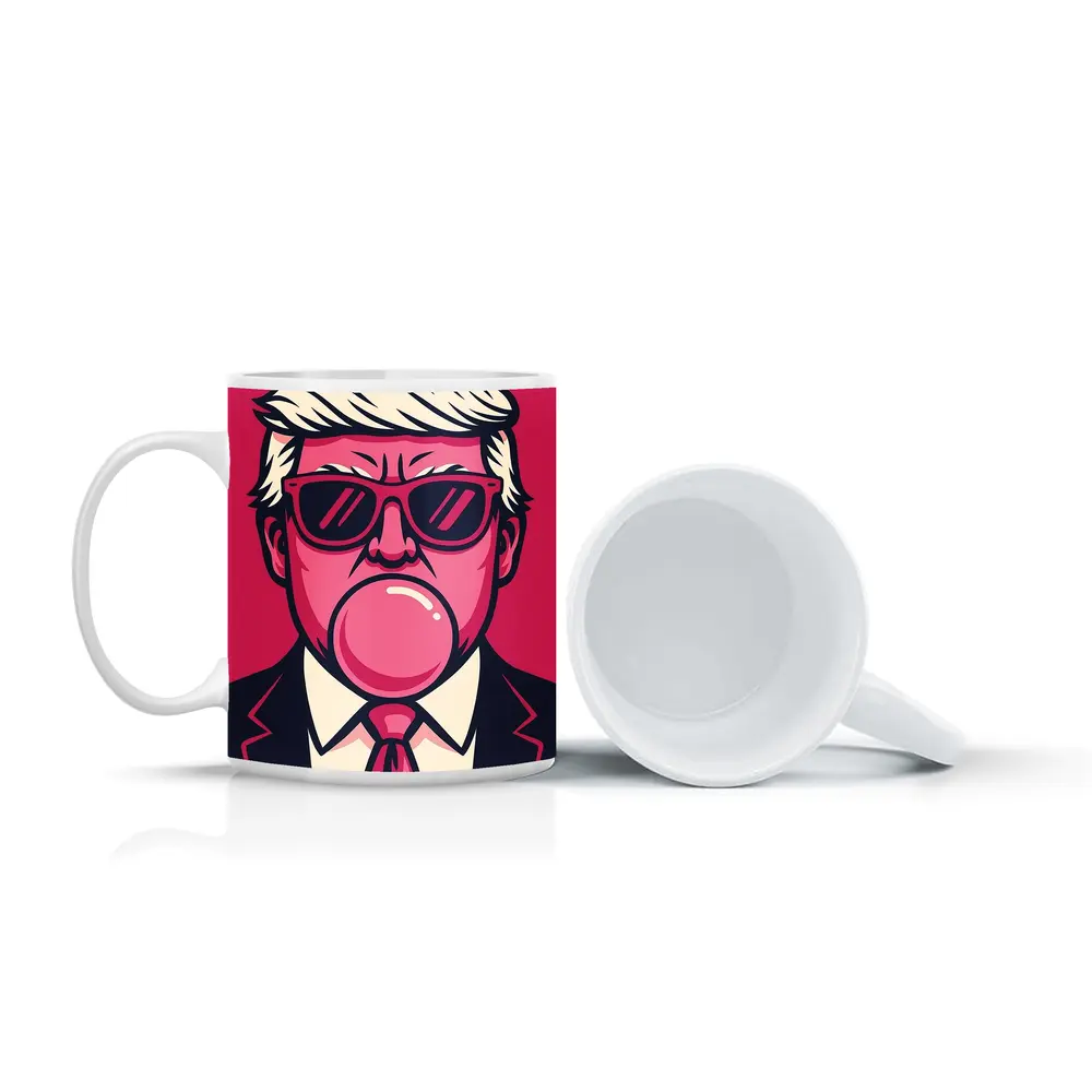Pop Art Political Figure Blowing Bubblegum Pink – Mugs