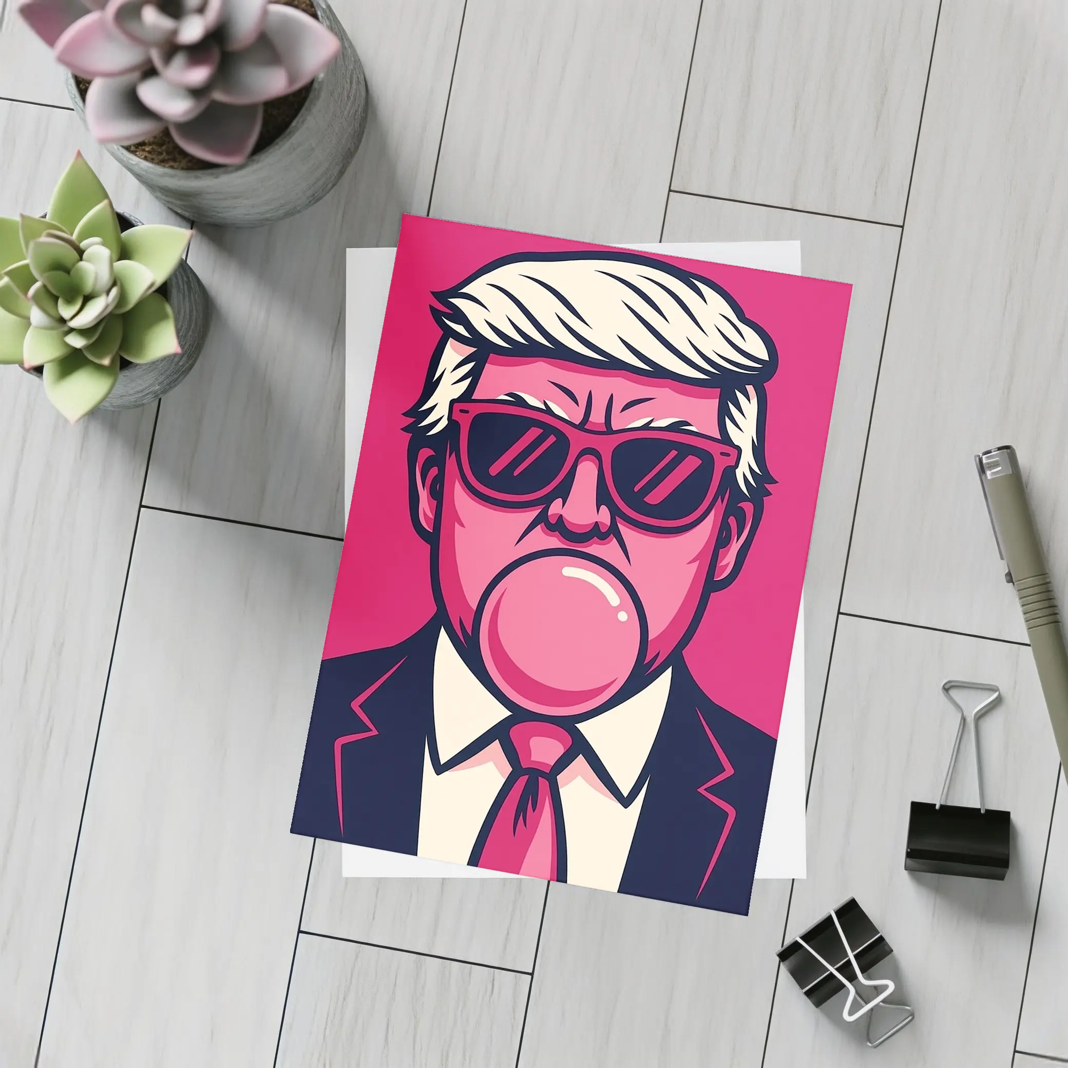 Pop Art Political Figure Blowing Bubblegum Pink – Postcards