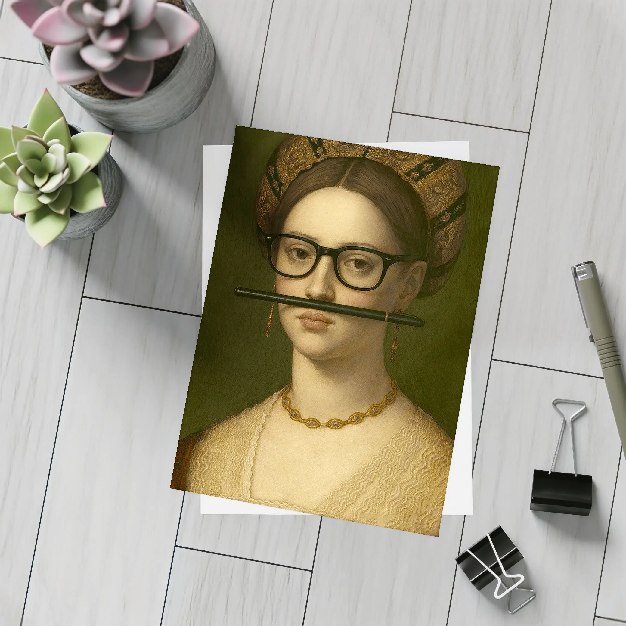 Renaissance Woman Portrait With Glasses Pencil – Postcards