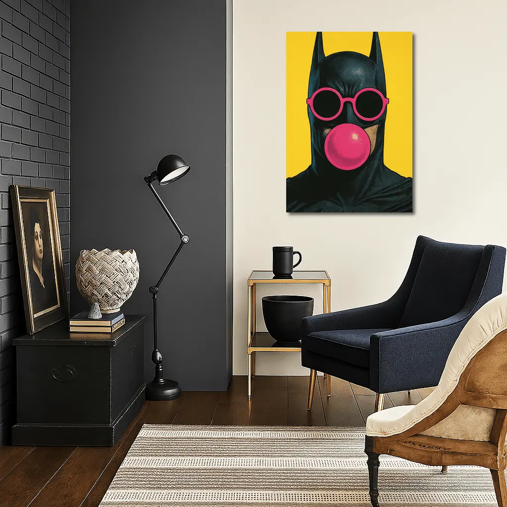 Batman Pink Sunglasses Bubblegum Yellow Background – Wall Art