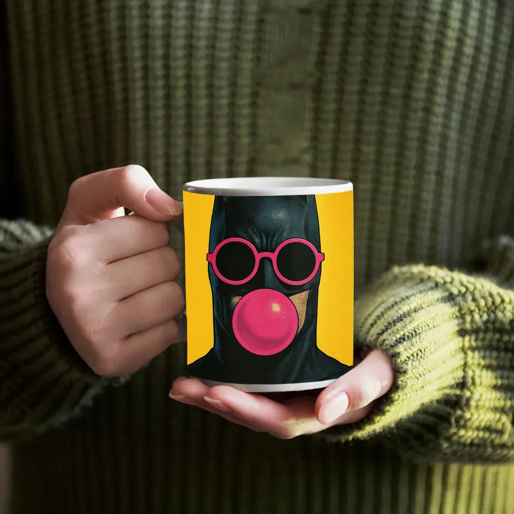 Batman Pink Sunglasses Bubblegum Yellow Background – Mugs