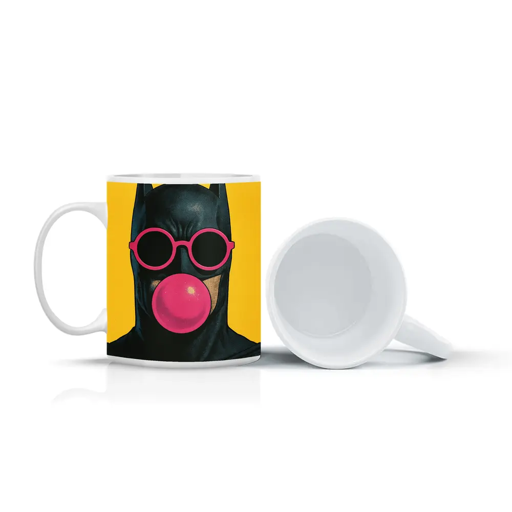 Batman Pink Sunglasses Bubblegum Yellow Background – Mugs
