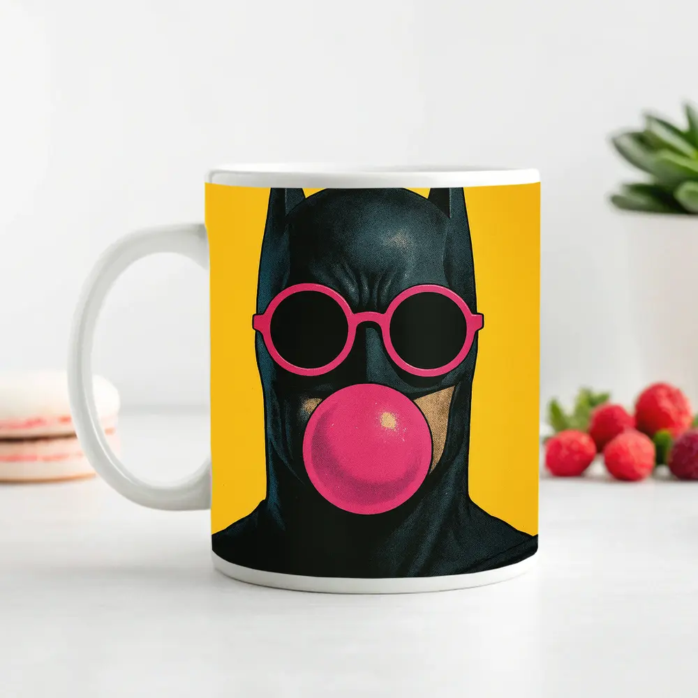 Batman Pink Sunglasses Bubblegum Yellow Background – Mugs