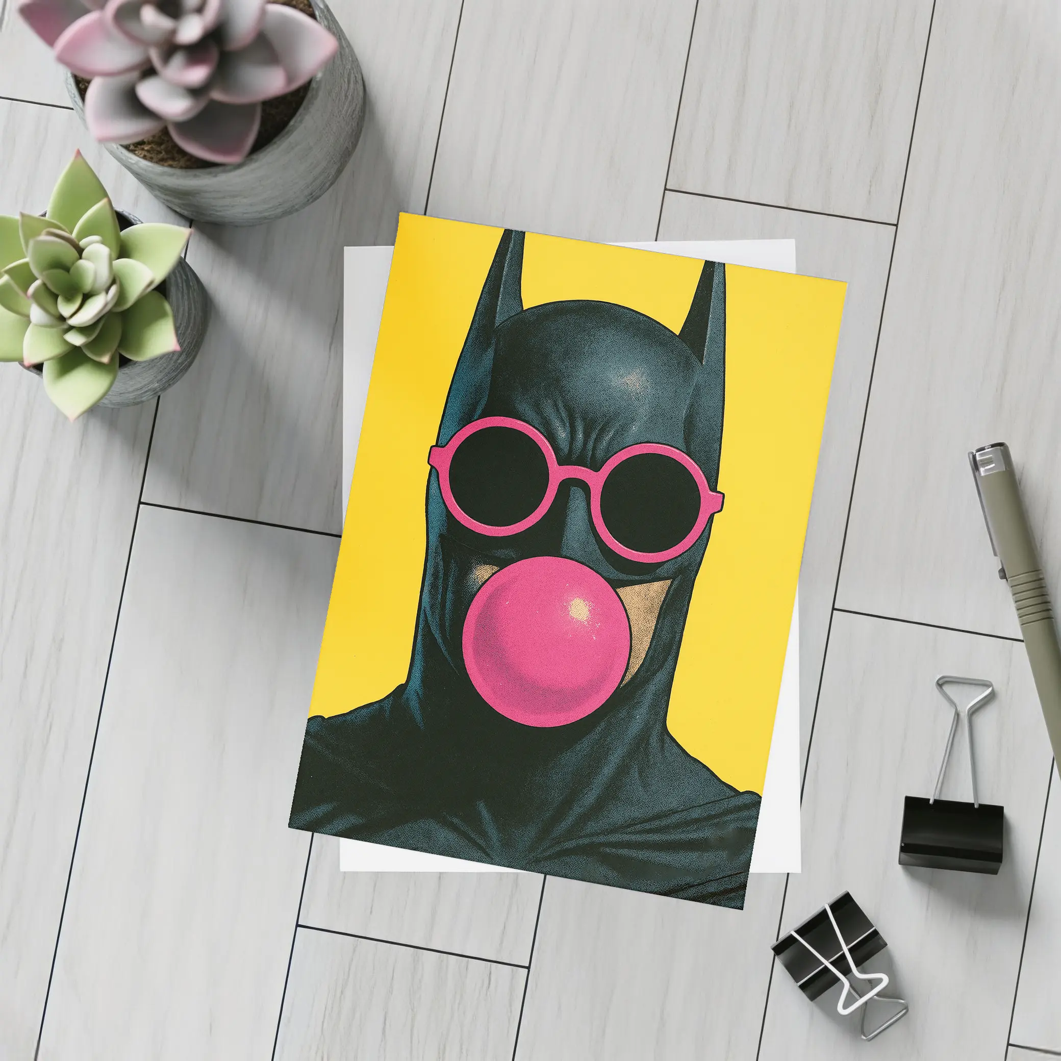 Batman Pink Sunglasses Bubblegum Yellow Background – Postcards