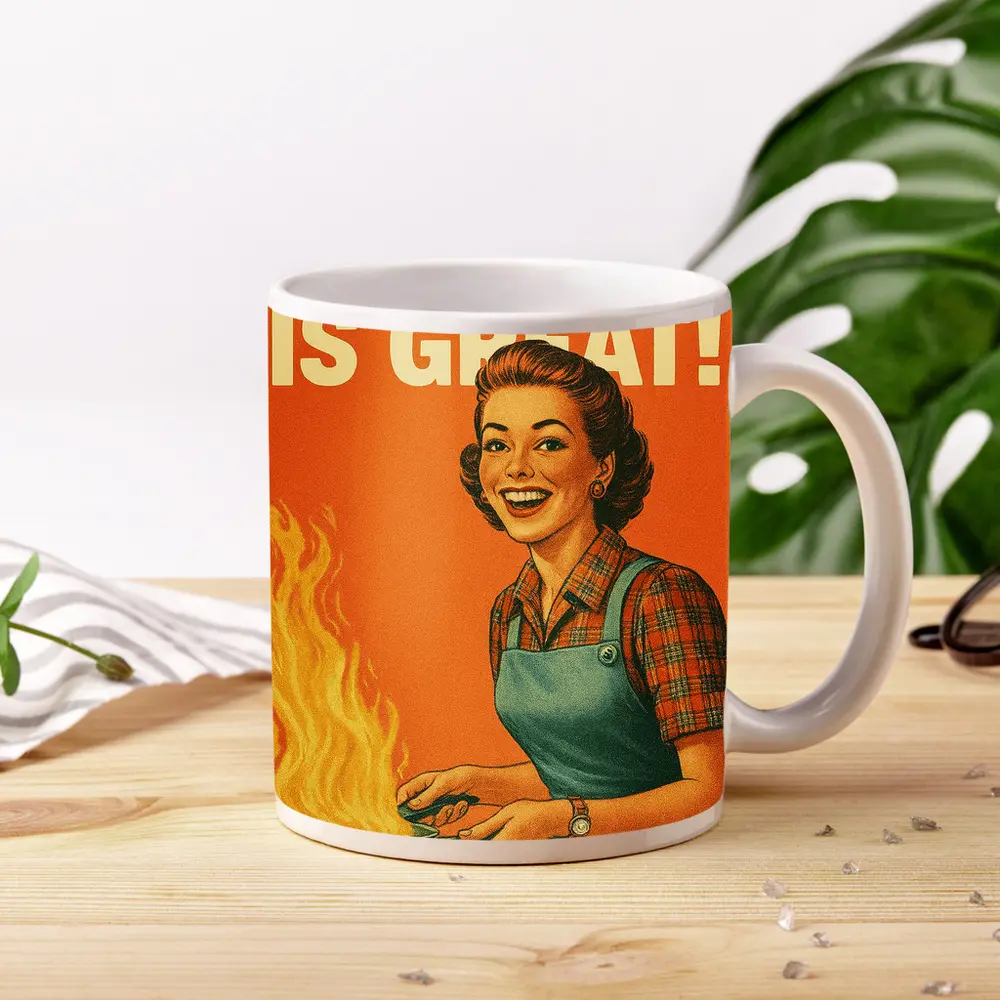 Everything Is Great Retro Housewife Kitchen Fire – Mugs