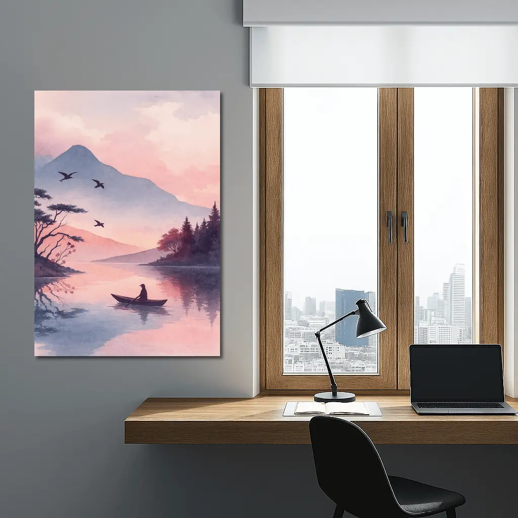 Solitary Boat on Misty Pink Mountain Lake – Wall Art