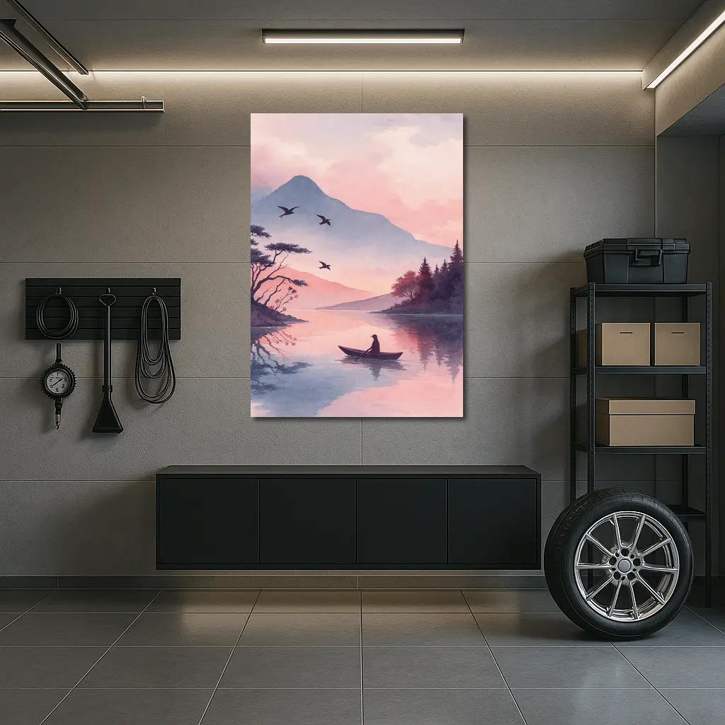 Solitary Boat on Misty Pink Mountain Lake – Wall Art