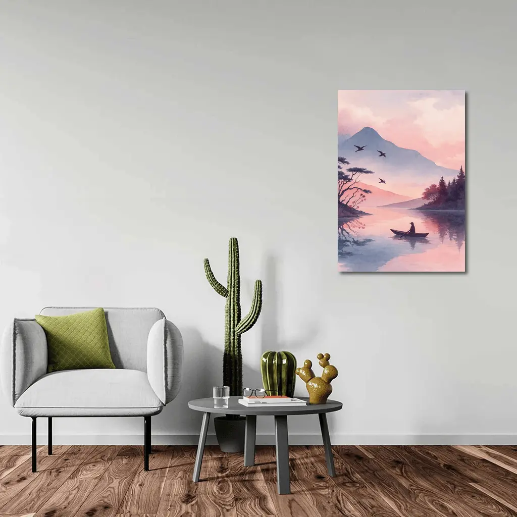 Solitary Boat on Misty Pink Mountain Lake – Wall Art
