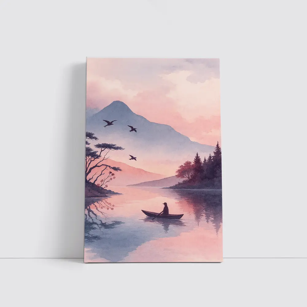 Solitary Boat on Misty Pink Mountain Lake – Wall Art