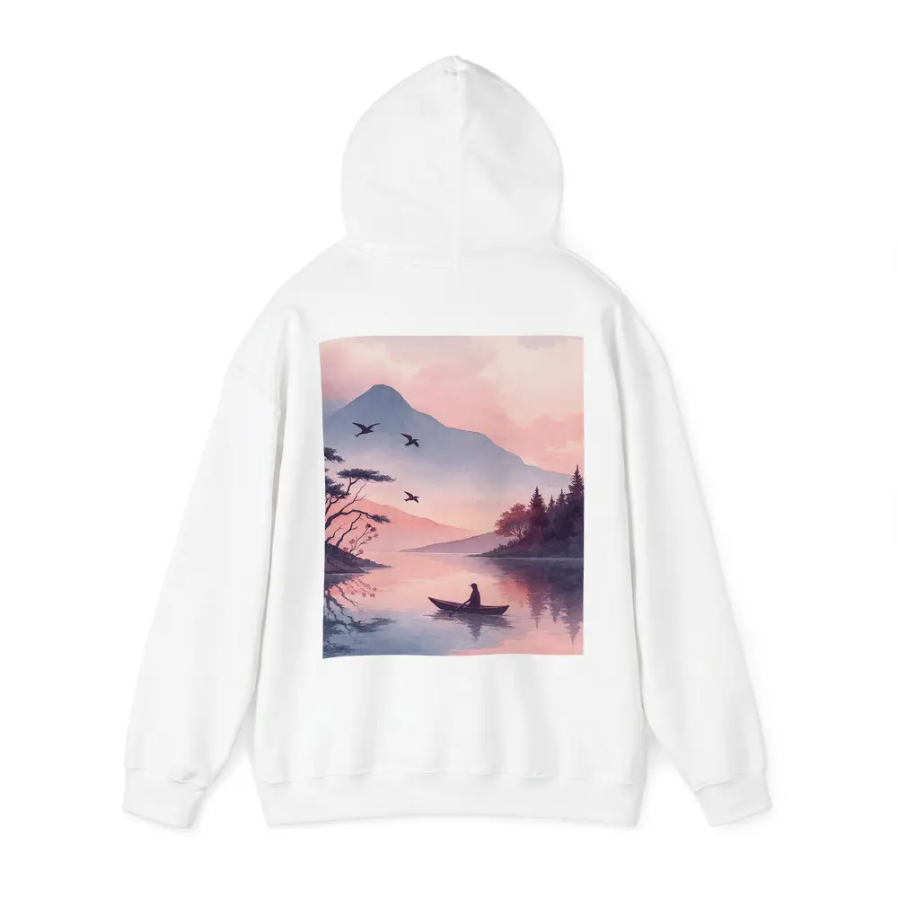 Solitary Boat on Misty Pink Mountain Lake – Hoodies