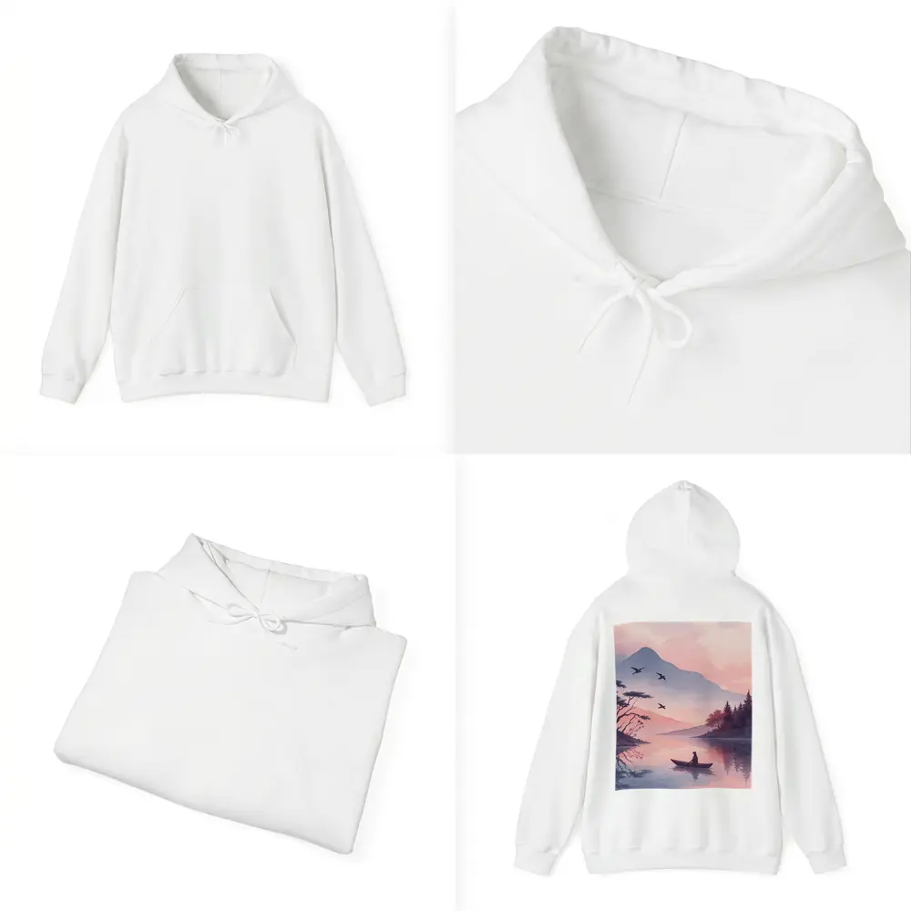 Solitary Boat on Misty Pink Mountain Lake – Hoodies