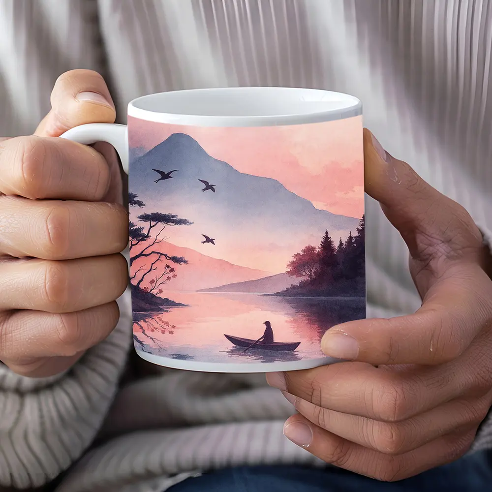 Solitary Boat on Misty Pink Mountain Lake – Mugs