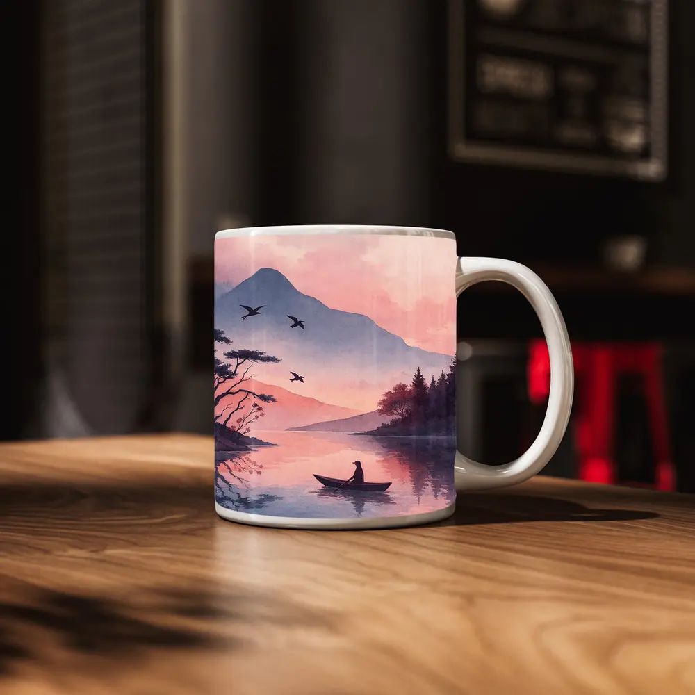 Solitary Boat on Misty Pink Mountain Lake – Mugs