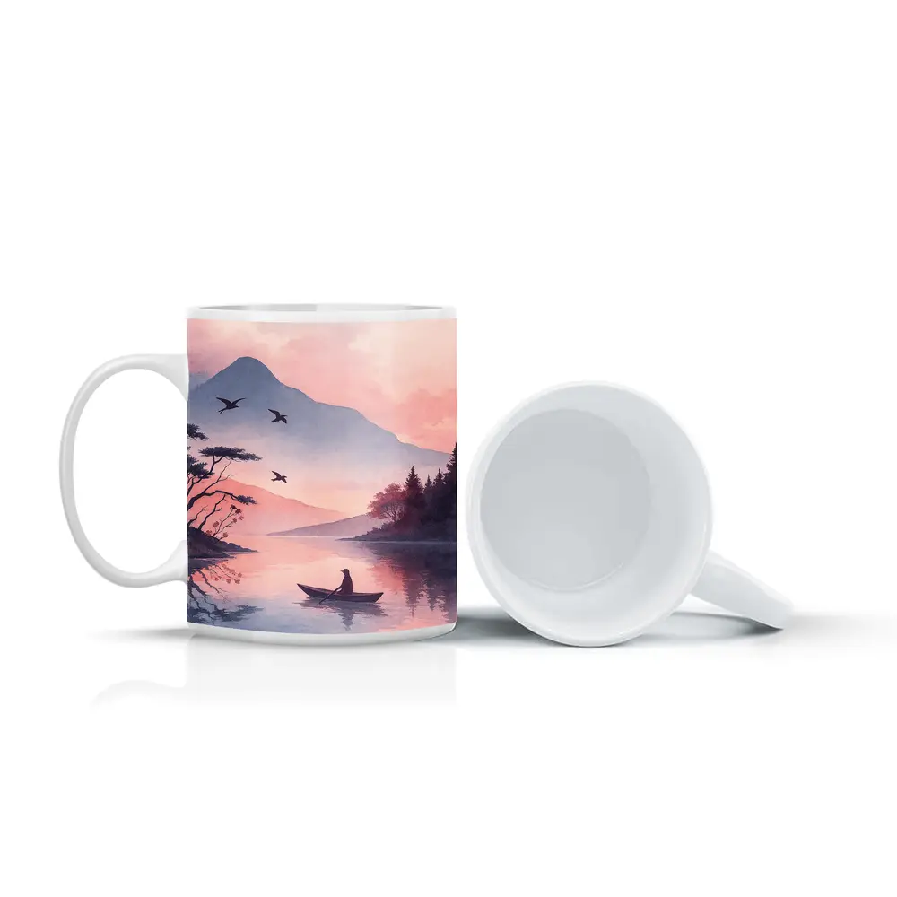 Solitary Boat on Misty Pink Mountain Lake – Mugs