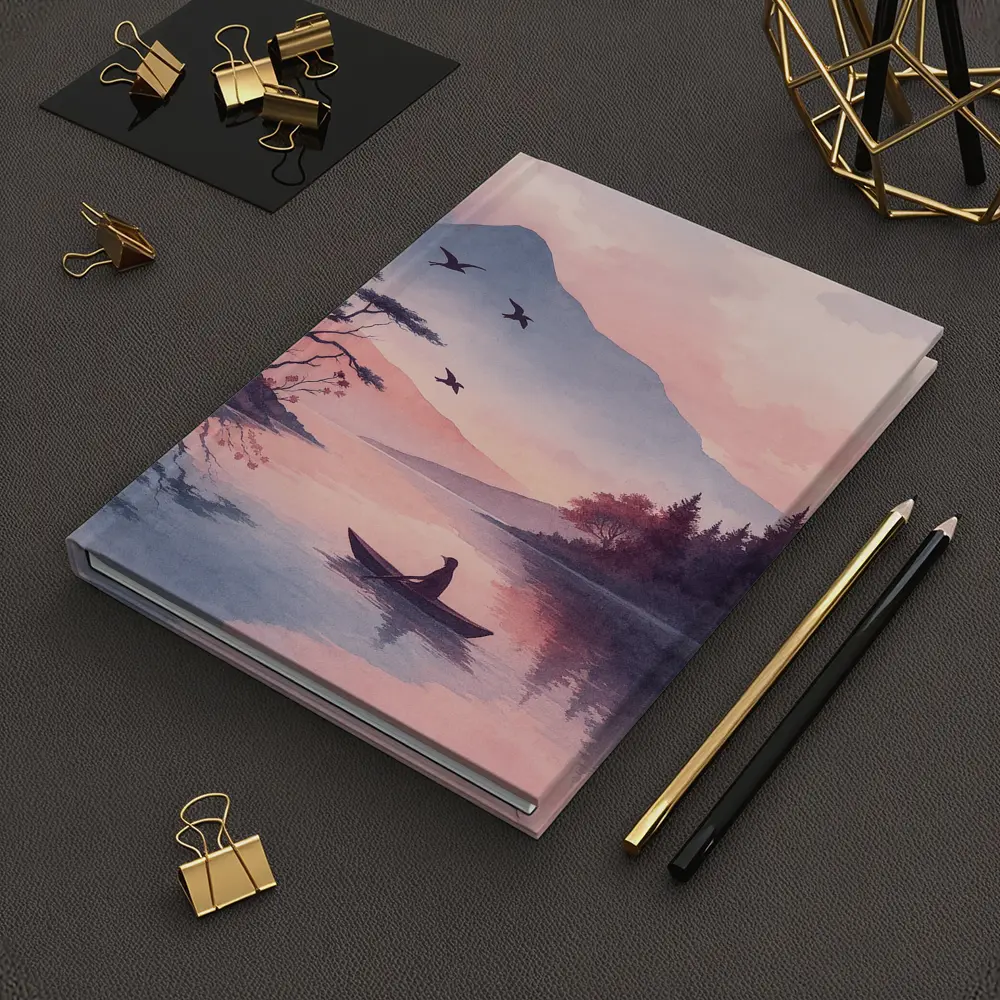 Solitary Boat on Misty Pink Mountain Lake – Notebooks