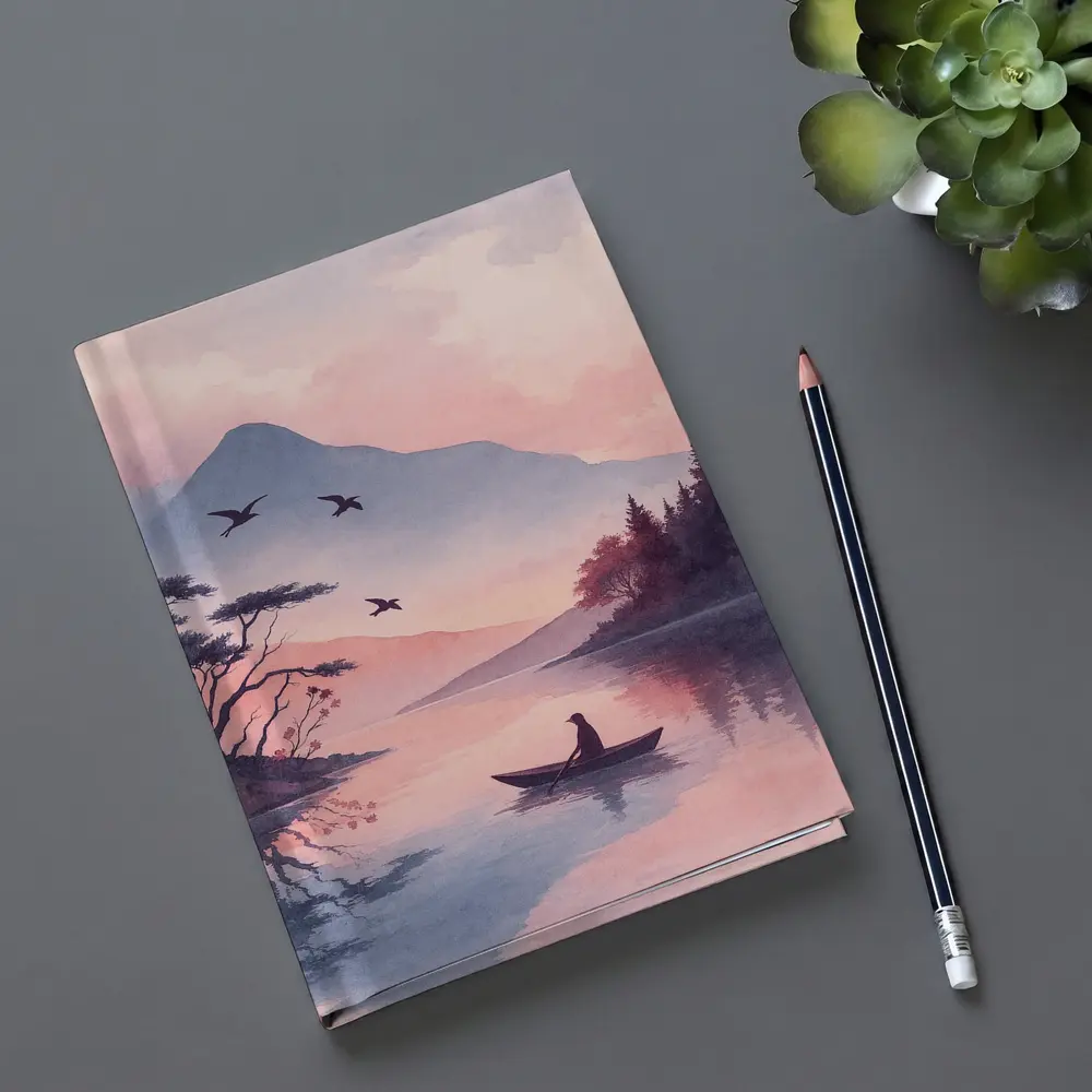 Solitary Boat on Misty Pink Mountain Lake – Notebooks