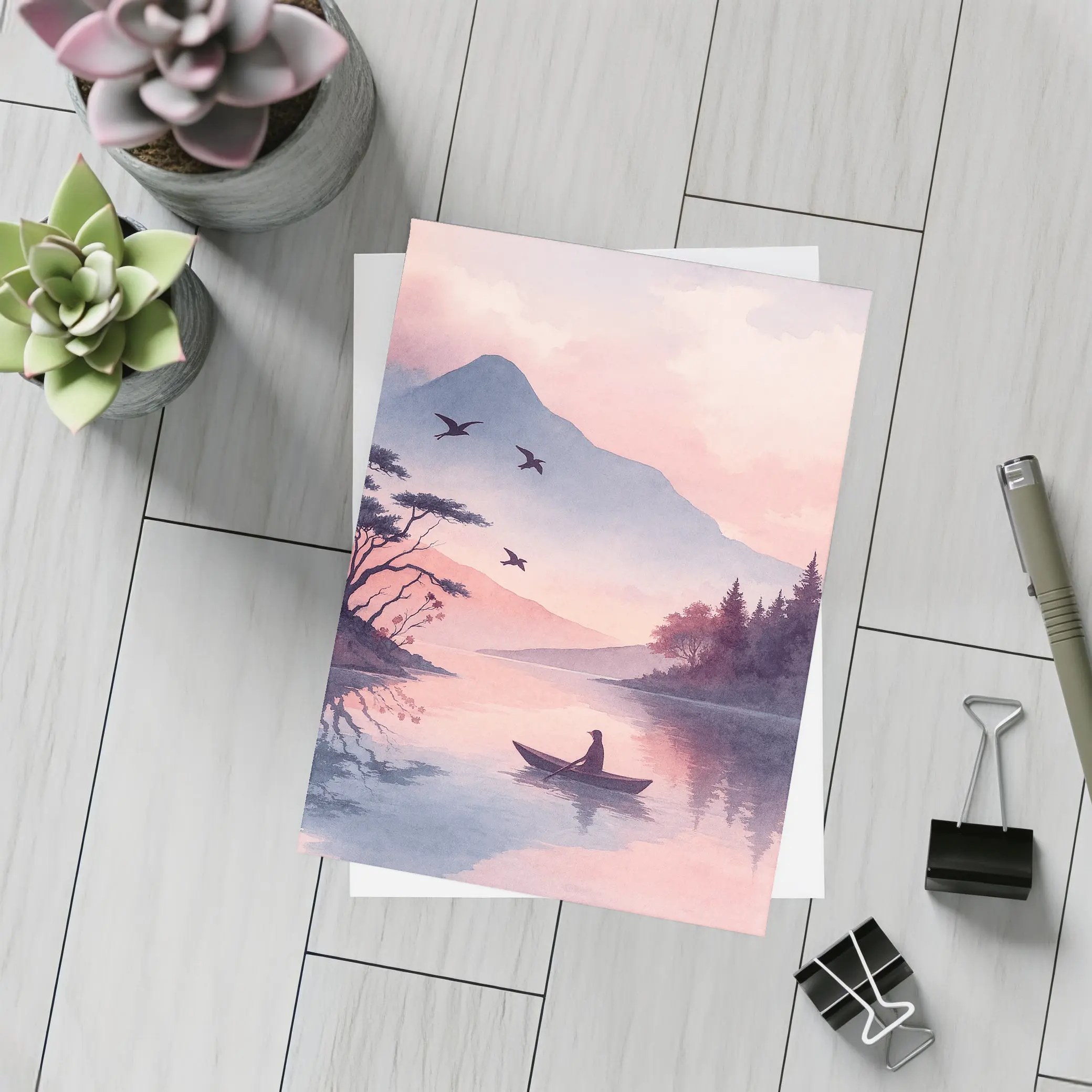 Solitary Boat on Misty Pink Mountain Lake – Postcards