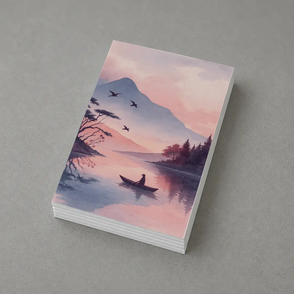 Solitary Boat on Misty Pink Mountain Lake – Postcards