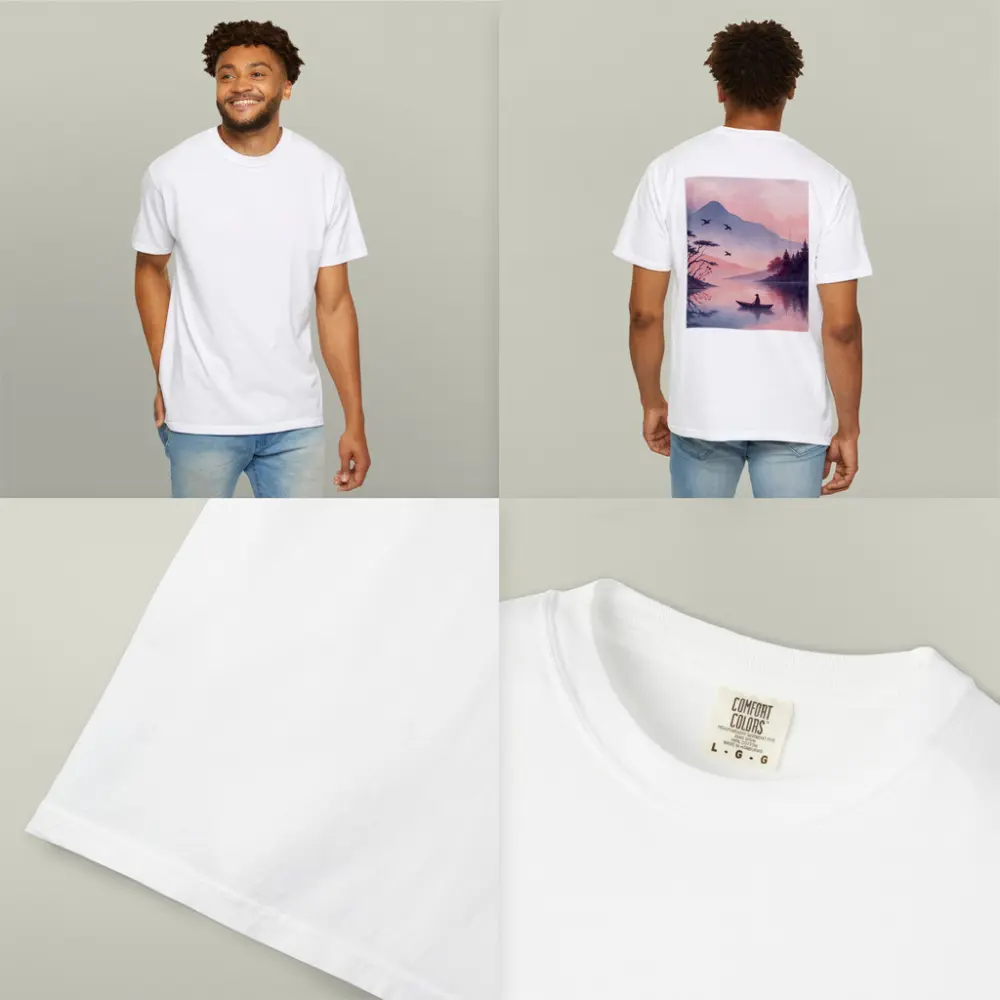 Solitary Boat on Misty Pink Mountain Lake – T-Shirts