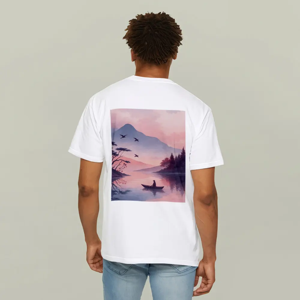 Solitary Boat on Misty Pink Mountain Lake – T-Shirts