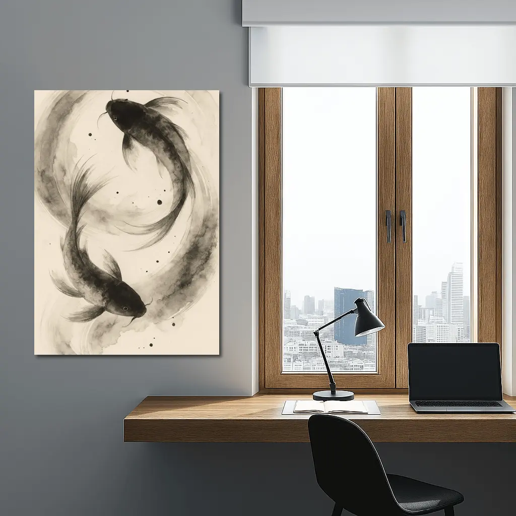 Two Koi Fish Japanese Ink Wash Art – Wall Art