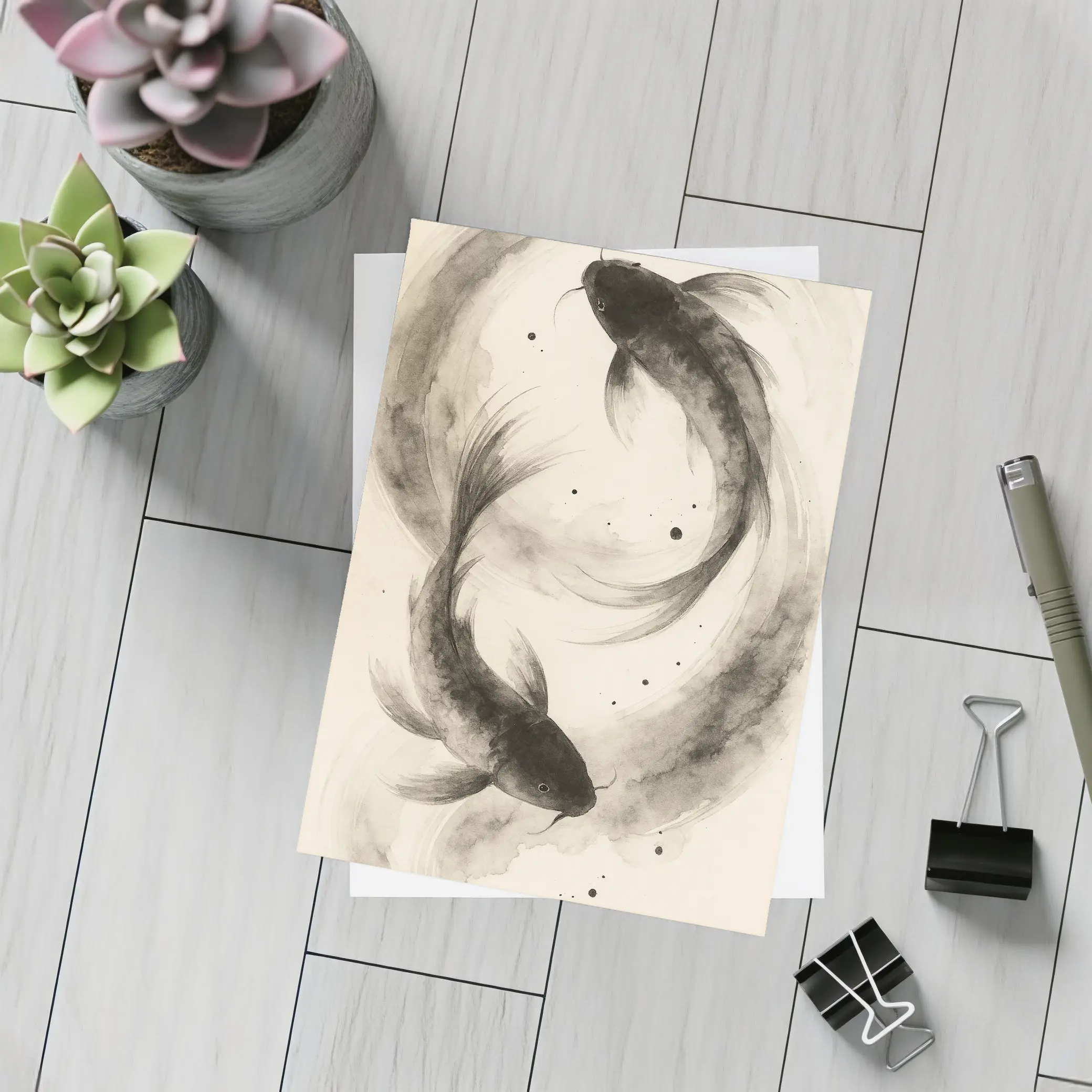 Two Koi Fish Japanese Ink Wash Art – Postcards